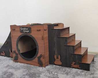 Wooden Rabbit Castle, Rabbit House,Modern Rabbit House,Rabbi t Castle,  Rabbit Playhouse , Brown Rabbit House, Rabbit Bed