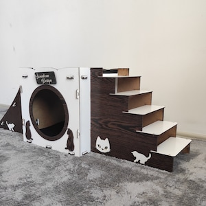 Maison pour chat moderne, château en bois pour chat, maison pour chat, château pour chat, nid pour chat, maisonnette pour chat, niche pour chat blanc marron foncé, lit pour chat
