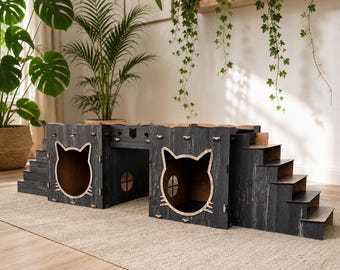 Modern Wooden Cat Castle: Two-Story Cat House with Bridge