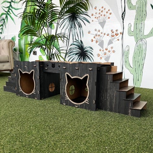 Modern Wooden Cat Castle: Two-Story Cat House with Bridge