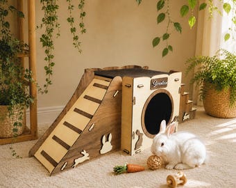 Modern Wooden Rabbit Castle: Two-Story Bunny Playhouse