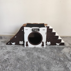 Modern Cat House, Wooden Cat Castle, Cat House, Cat Castle, Cat Nest, Cat Playhouse , Dark Brown White Cat House, Cat Bed