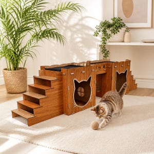 May include: A multi-level wooden cat house with steps, platforms, and cat-shaped cutouts. The structure is made of light brown wood and features a black cushioned area. A tabby cat plays with a ball in front of the cat house.