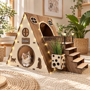 May include: A wooden A-frame cat house with a light-colored front panel and dark wood accents. It features a circular entrance with a kitten inside, small round windows, a staircase with two miniature street lamps, and the word Seventeen on a plaque.