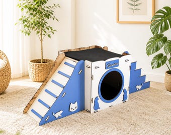 Modern Wooden Cat Castle: 2-Story Cat Playhouse with Ramp