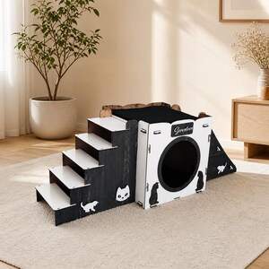 Modern Wooden Cat Castle: Dark Brown & White Cat Playhouse