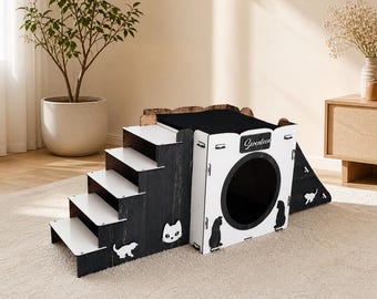 Modern Wooden Cat Castle: Dark Brown & White Cat Playhouse
