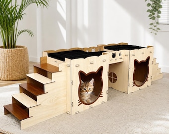 Modern Wooden Cat Castle: Two-Story Cat House with Bridge