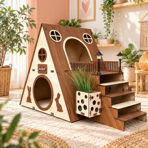 Moderna casa de dos pisos para conejos: un castillo interior para conejos