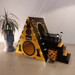 Modern Rabbit House, Indoor Rabbit Castle, Rabbit Furniture, Extra Large Rabbit House, Rabbit Bed, Bungalow Rabbit House,Orange Rabbit House