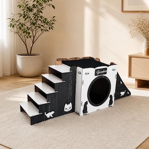 May include: A black and white cat house with steps and a ramp. The cat house has a circular entrance and the word "Seventeen" is written above the entrance. Cat silhouettes are on the side of the house and steps.