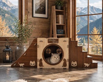 Modern Wooden Cat Castle: 2-Story Cat Playhouse with Ramp
