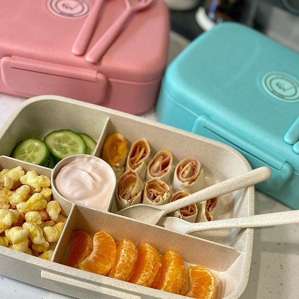 Boîte à lunch bento pour adultes et enfants | 5 compartiments, réutilisables | Récipient de repas étanche | Va au micro-ondes et au lave-vaisselle | Ustensiles | Marque britannique