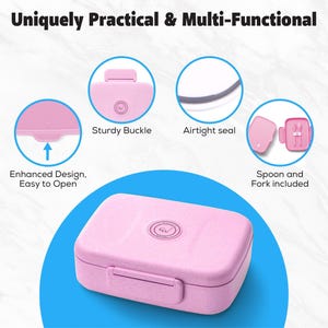 May include: Pink rectangular lunchbox with a sturdy buckle, airtight seal, and included spoon and fork. The lunchbox features an enhanced design for easy opening and is labeled "Uniquely Practical & Multi-Functional."