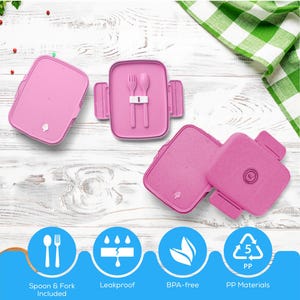May include: Pink rectangular lunch box with a matching fork and spoon. The lunch box is leakproof, BPA-free, and made of PP materials. The set includes a spoon and fork.