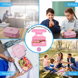 May include: A pink multi-purpose lunch box with a lid, compartments, and utensils. The image shows the lunch box in different settings: office, school, hospital, and picnic. The text on the image says "Your Multi-Purpose Lunch Box".