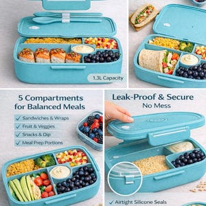 May include: A light blue reusable bento lunch box with five compartments, leak-proof design, and BPA-free material. The box includes a 1.3L capacity and is microwave, dishwasher, and freezer safe. Text on the image says "Ideal for School, Work & Meal Prep".