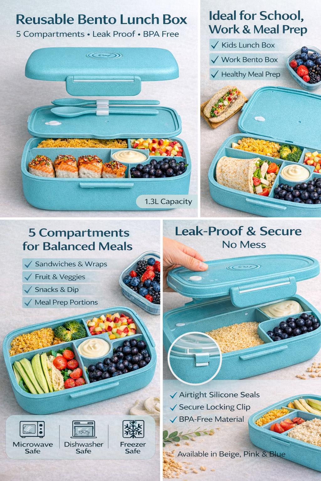 Bento Lunch Box for Kids Adults | 5 Compartment Bpa-free Meal Prep