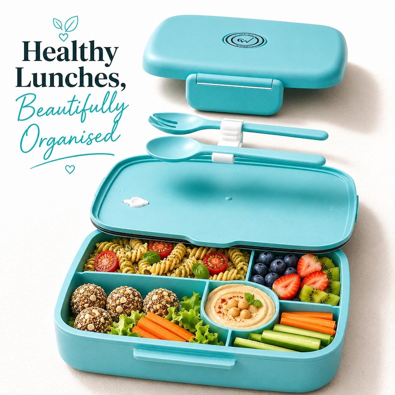 May include: A light blue lunch box with multiple compartments, containing pasta, vegetables, hummus, and fruit. The lid is open, revealing a fork and spoon. Text on the side reads "Healthy Lunches, Beautifully Organised".