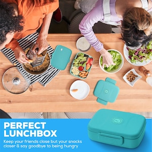 May include: A teal lunchbox with a rounded rectangular shape and a secure latch. The lunchbox is shown with a variety of fresh foods, including salad, fruit, and nuts. The text "PERFECT LUNCHBOX" is visible in the image.