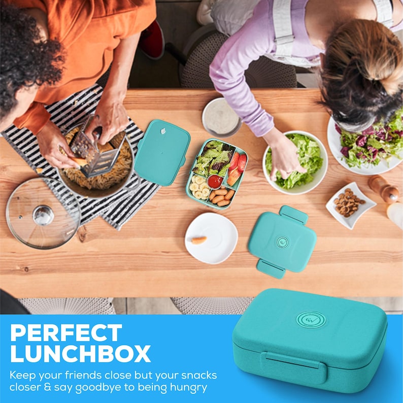 May include: A teal lunchbox with a rounded rectangular shape and a secure latch. The lunchbox is shown with a variety of fresh foods, including salad, fruit, and nuts. The text "PERFECT LUNCHBOX" is visible in the image.