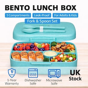Bento Lunch Box with 5 Compartments-Leak Proof-Reusable-Ideal for School & Work–BPA Free-Eco friendly-Kids Adults