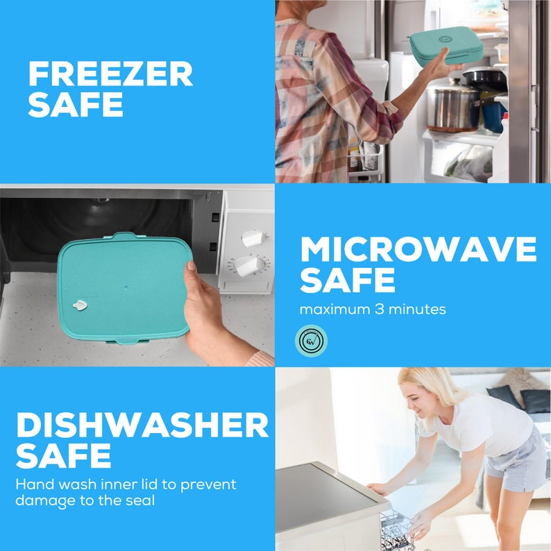 May include: A teal-colored rectangular food container is shown in various settings: being placed in a freezer, a microwave, and a dishwasher. Text indicates the container is freezer, microwave, and dishwasher safe.