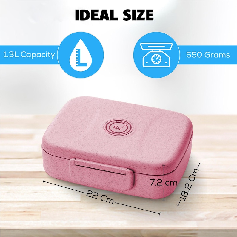 May include: A pink rectangular lunch box with a capacity of 1.3L and weighing 550 grams. The lunch box is 22 cm long, 7.2 cm high, and 18.2 cm wide. The text "IDEAL SIZE" is at the top.