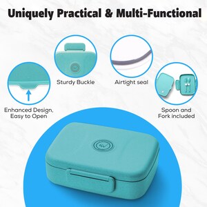 May include: A teal lunch box with the text "Uniquely Practical & Multi-Functional." Features include a sturdy buckle, airtight seal, and a spoon and fork. The design is enhanced for easy opening.