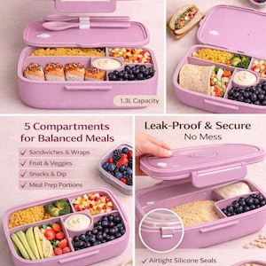May include: A pink reusable bento lunch box with five compartments, leak-proof design, and BPA-free material. The box is shown open, revealing various food items. Text on the image indicates it's ideal for school, work, and meal prep. It is microwave, dishwasher, and freezer safe.