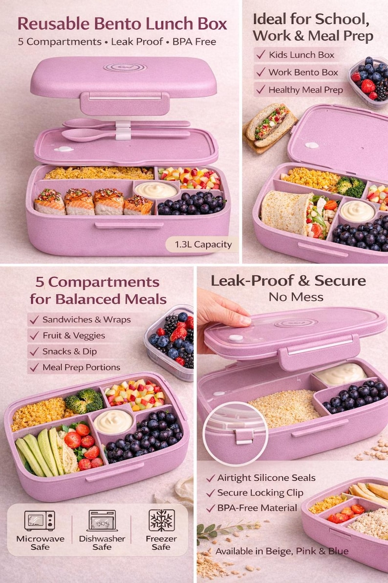 May include: A pink reusable bento lunch box with five compartments, leak-proof design, and BPA-free material. The box is shown open, revealing various food items. Text on the image indicates it's ideal for school, work, and meal prep. It is microwave, dishwasher, and freezer safe.