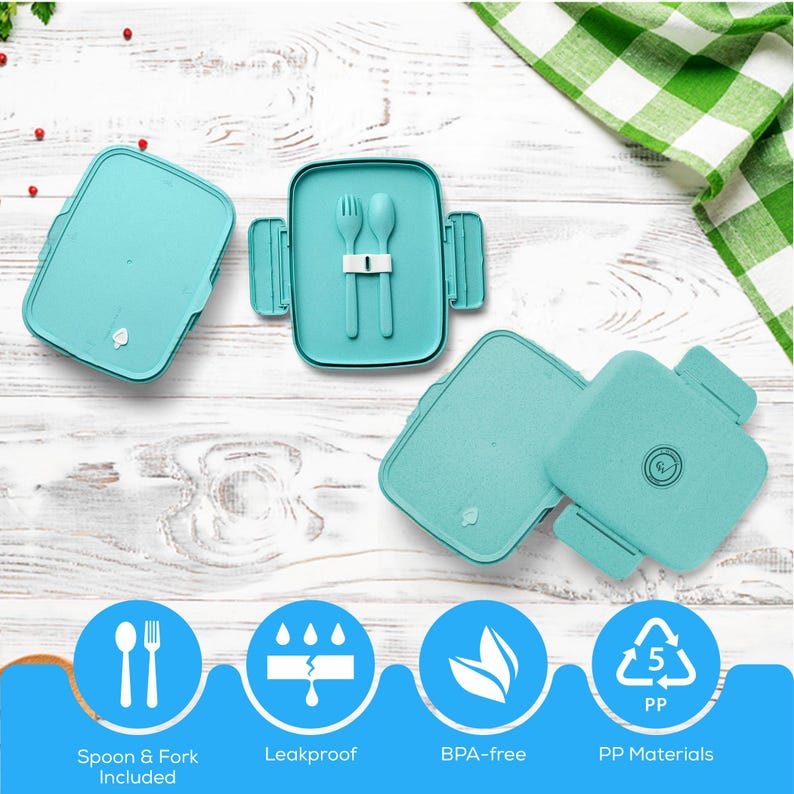 May include: A light teal-colored rectangular lunch box with a matching lid. The lunch box includes a fork and spoon. The image also shows the lunch box is leakproof, BPA-free, and made of PP materials.