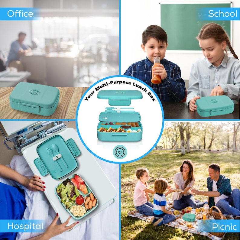 May include: A multi-purpose teal lunch box with multiple compartments, a lid, and a handle. The image shows the lunch box in use at the office, school, hospital, and a picnic. The text on the image says "Your Multi-Purpose Lunch Box".