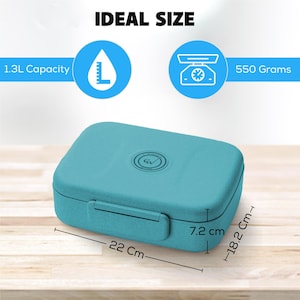 May include: A teal rectangular lunch box with a capacity of 1.3L and weighing 550 grams. The lunch box is 8.7 inches long, 7.2 cm wide, and 2.8 inches high. The text "IDEAL SIZE" is at the top.