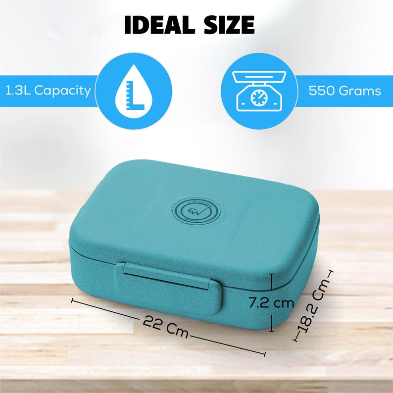 May include: A teal rectangular lunch box with a capacity of 1.3L and weighing 550 grams. The lunch box is 8.7 inches long, 7.2 cm wide, and 2.8 inches high. The text "IDEAL SIZE" is at the top.