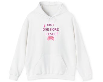 Just One More Level hoodie | Gaming controller graphic Gamer Gift Cozy Pink White Blue Hoodie| Cozy Gamer Gift| Video Game Gift| Gaming Font