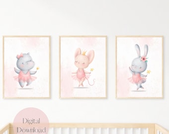 Ballerina Nursery Art Wall Print, Baby Girl Nursery Art Print, Set of 3 Ballerina Nursery Art Prints, Animal ballerinas, Girl room Printable