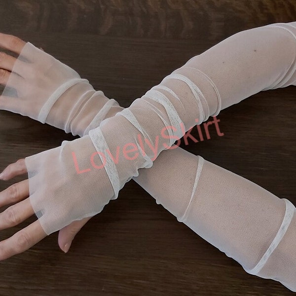 Tulle Wedding Fingerless gloves, Removable Mesh Wedding Sleeves, Personalized Fingerless Bridal Gloves, Mesh Cocktail Gloves, Long Sleeves