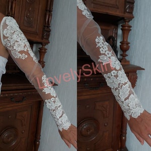 Long Lace Wedding Sleeves, Handmade Wedding Gloves, Fingerless Sleeves, Wedding Bridal sleeves, Detachable Sleeves, Bridal gloves