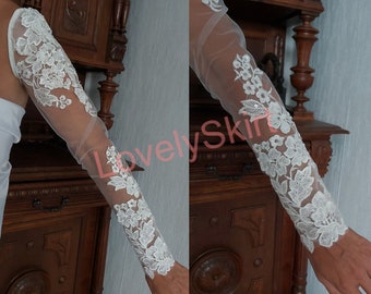 Long Lace Wedding Sleeves, Handmade Wedding Gloves, Fingerless Sleeves, Wedding Bridal sleeves, Detachable Sleeves, Bridal gloves