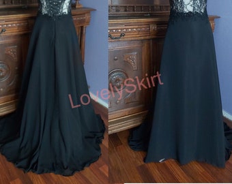 Black Detachable skirt , Gothic Black Skirt , Black Chiffon Skirt , Black Long Skirt with Train , Alternative Wedding ,all colors and sizes