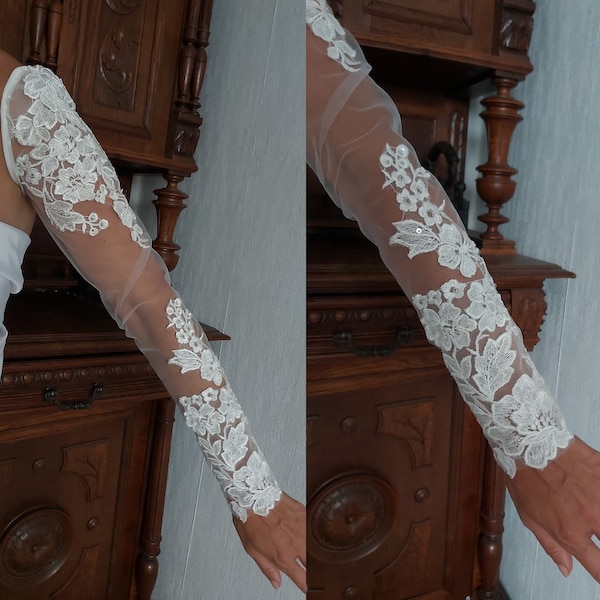 Manches longues de mariage en dentelle, Gants de mariage en dentelle, Mitaines, Manches de mariée pour mariage, Manches amovibles, Gants de mariée, Gants en dentelle