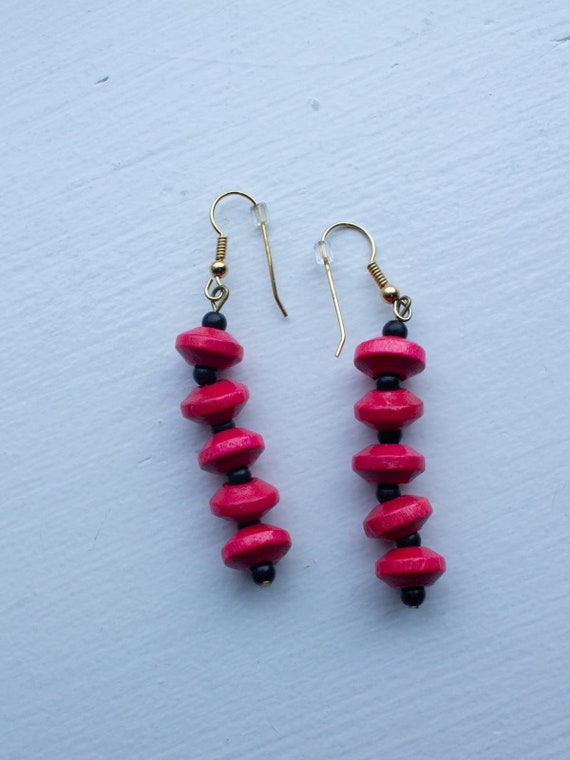 Red Wooden Beaded Dangly Earrings - image 1