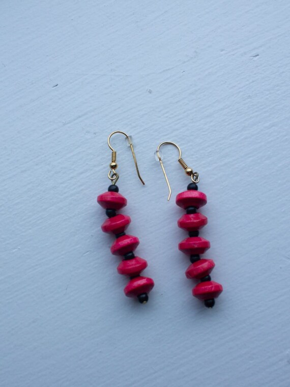 Red Wooden Beaded Dangly Earrings - image 4