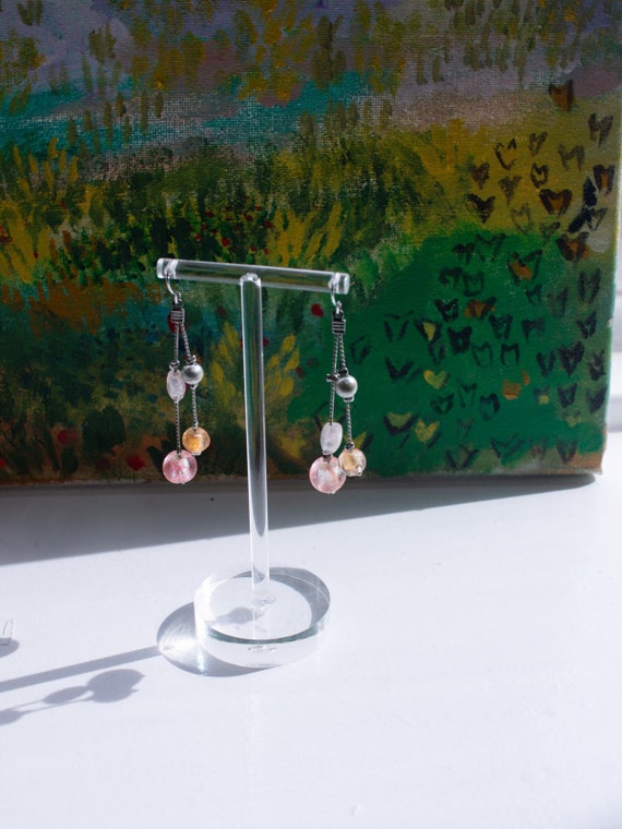 Icy Pink and Orange Silver Tone Dangly Earrings - image 3