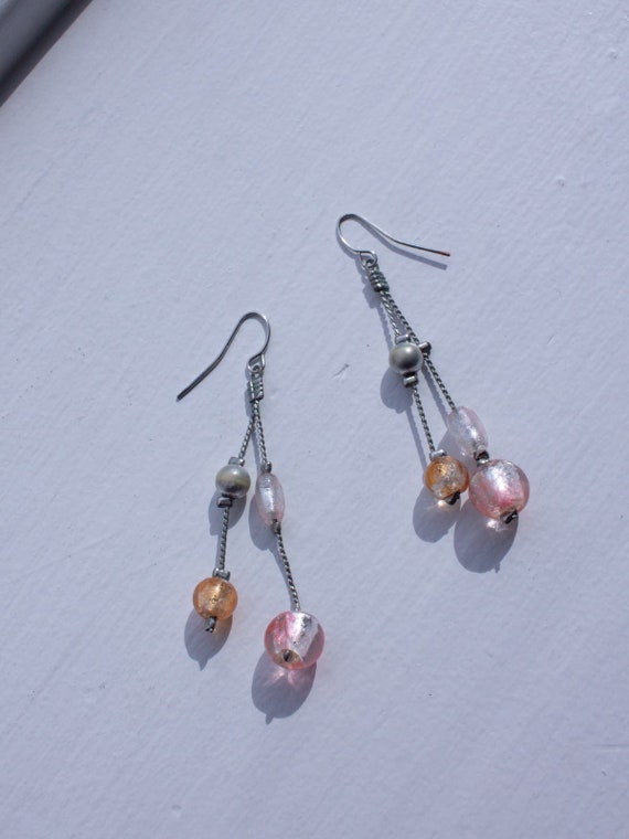 Icy Pink and Orange Silver Tone Dangly Earrings - image 1