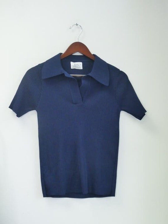 Ribbed Polo Shirt Vintage 70s 80s Navy Size Small