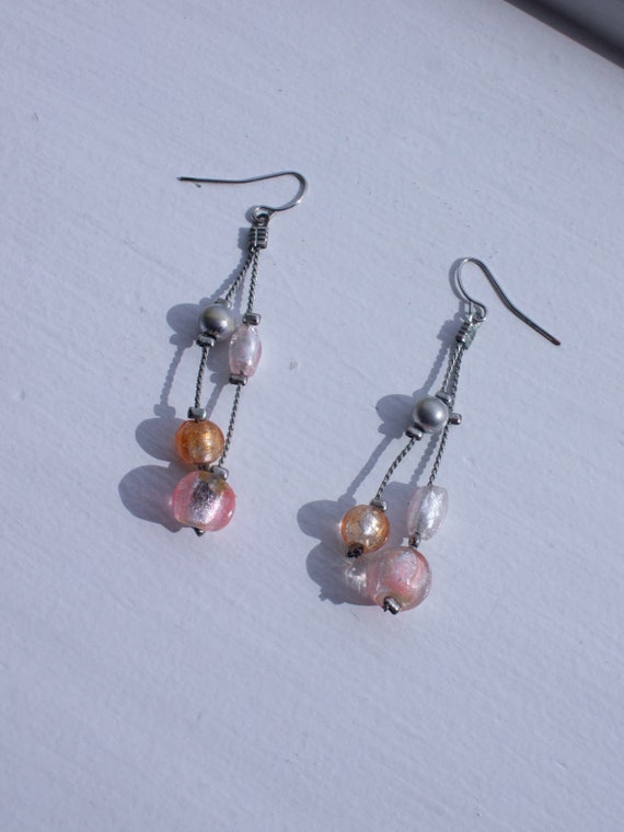 Icy Pink and Orange Silver Tone Dangly Earrings - image 2