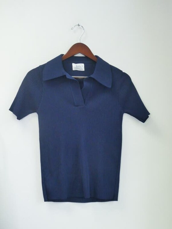 Navy V-Neck Ribbed Polo Shirt Vintage 70s 80s