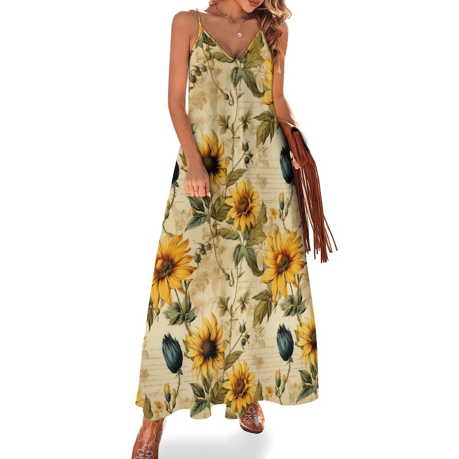 chinese dress ladies Dhyoui Sunflower Patterns Summer Dresses for Women 2025 Casual Sleeveless  Beach Maxi Dress S at Amazon Women's Clothing store